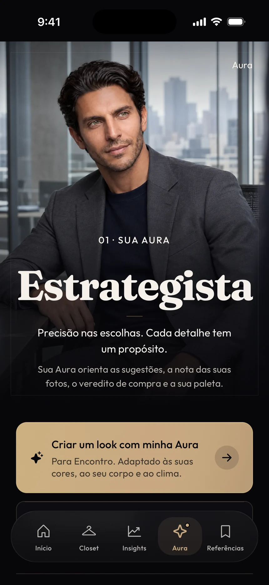 Tela Aura do app, com a direção de imagem escolhida pelo usuário