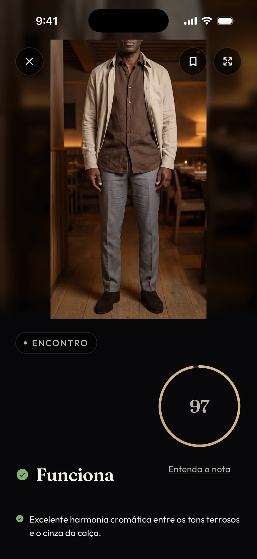 Tela Avalie: look de encontro, nota 97 e explicação da avaliação