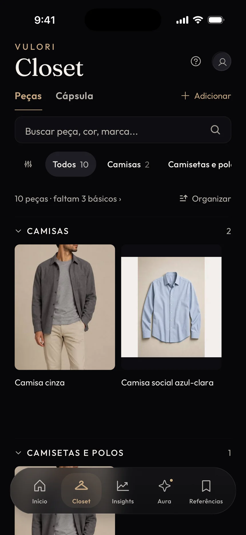 Tela Closet, com as peças organizadas por categoria
