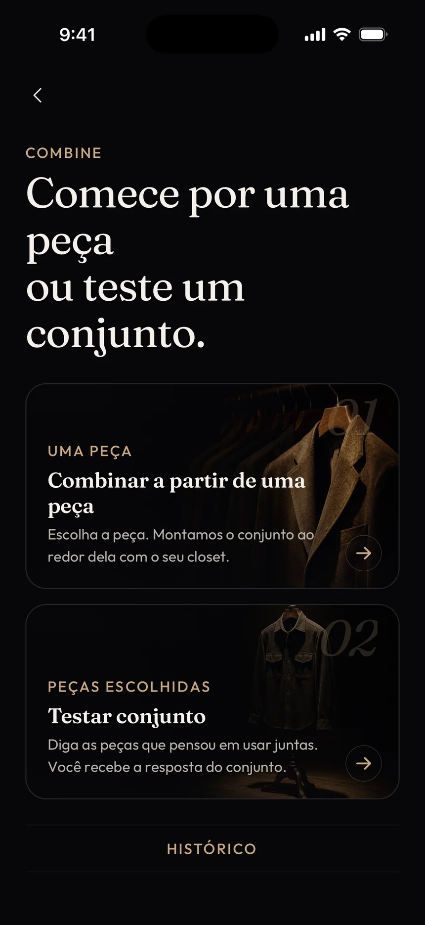Tela Combine: combinar a partir de uma peça ou testar um conjunto
