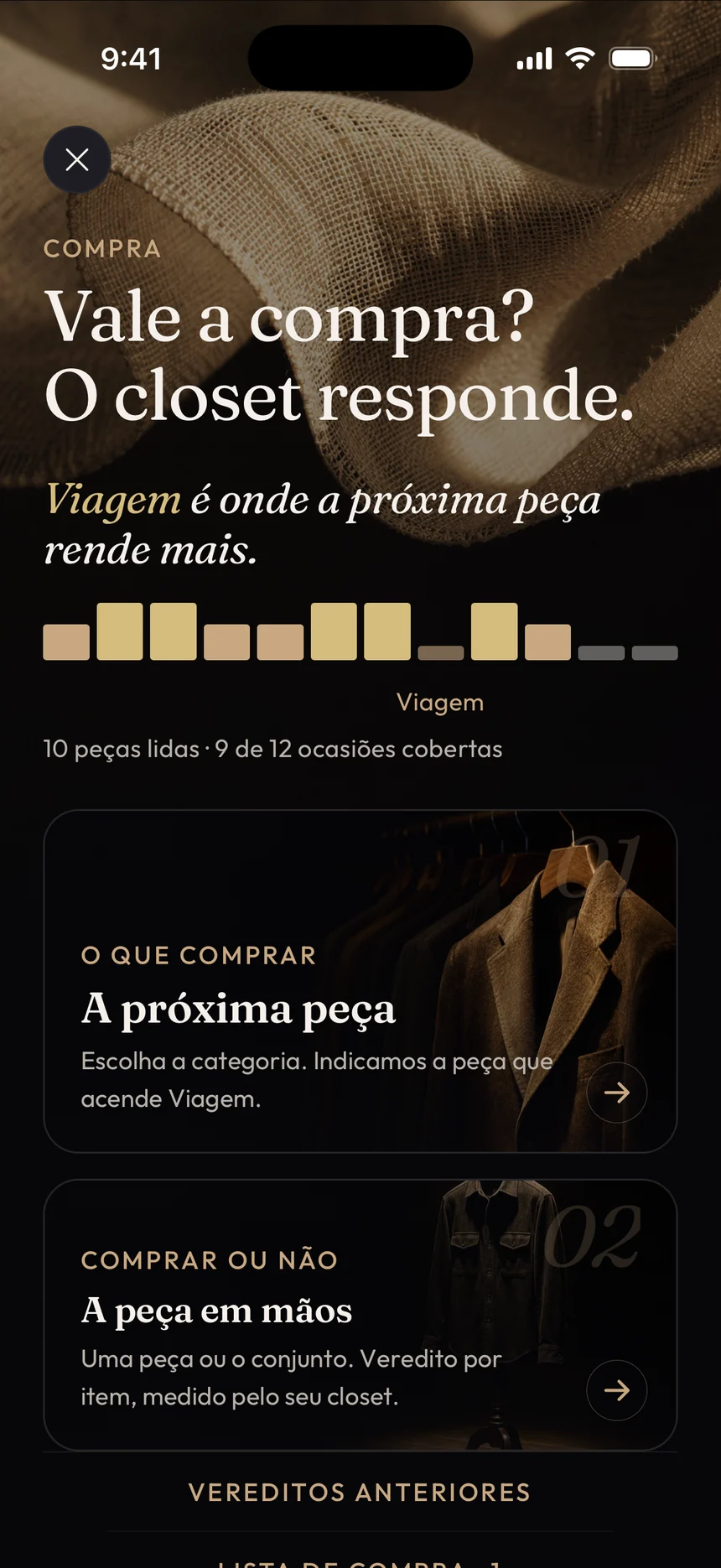 Tela Avalie Compra: oportunidades para viagem, próxima peça e avaliação de uma compra