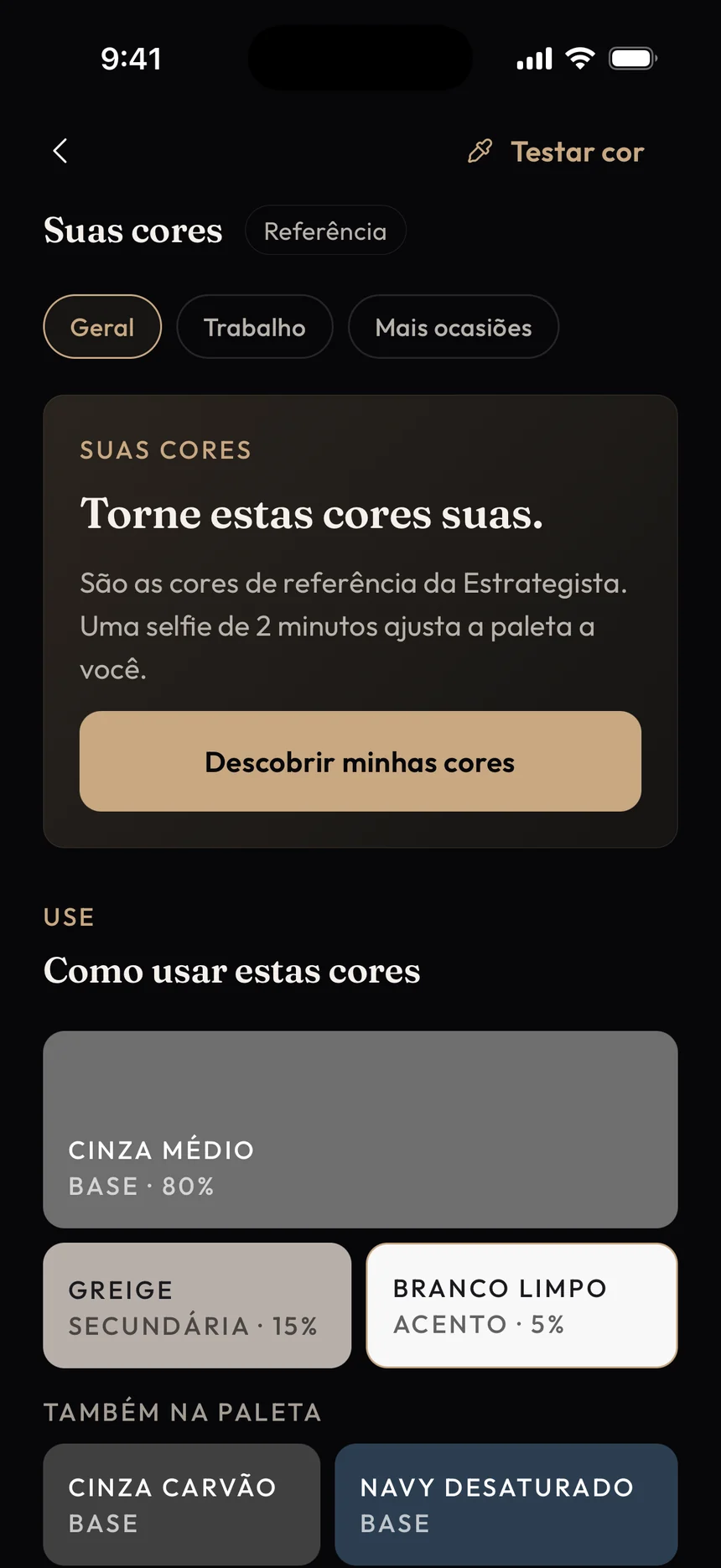 Tela Suas cores, com a paleta de referência do app