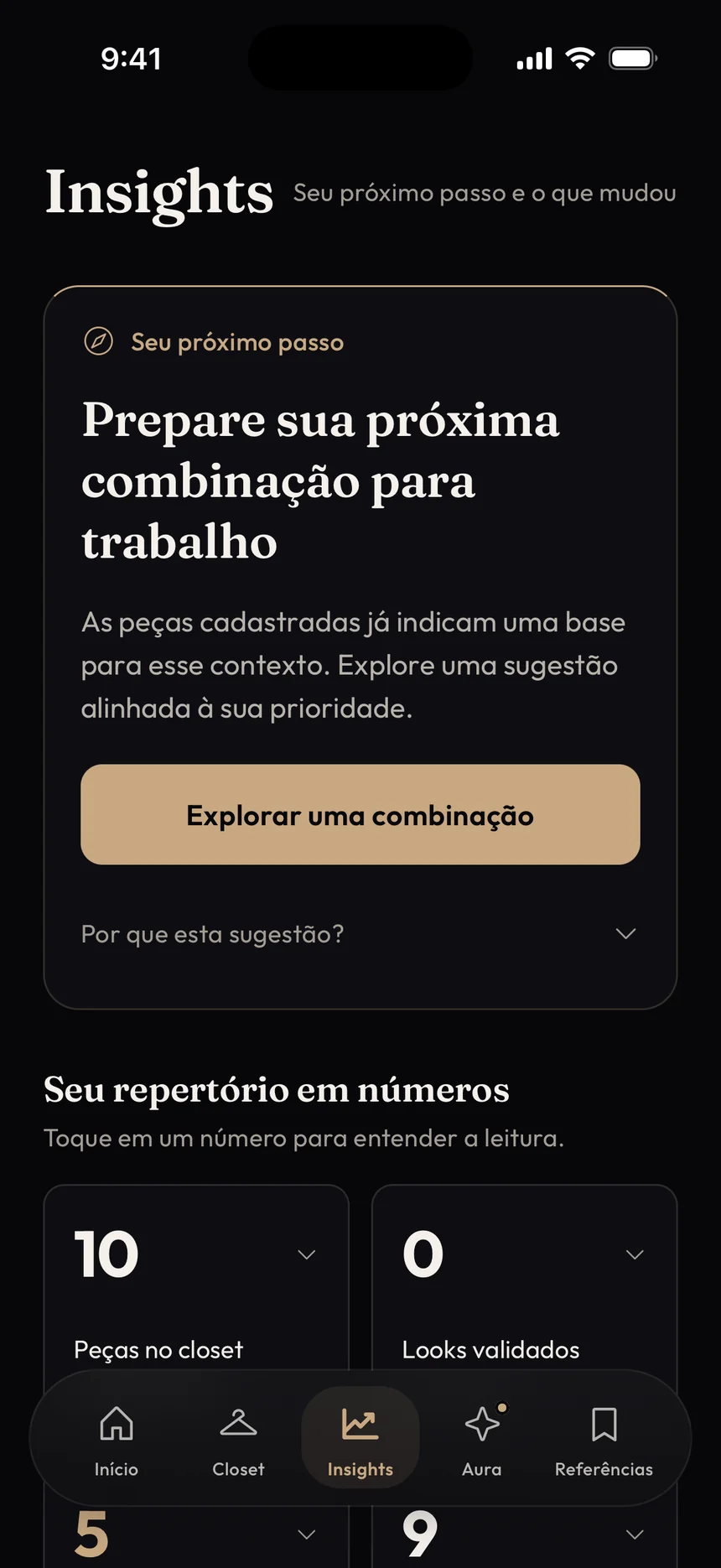 Tela Insights, com o próximo passo e o repertório em números