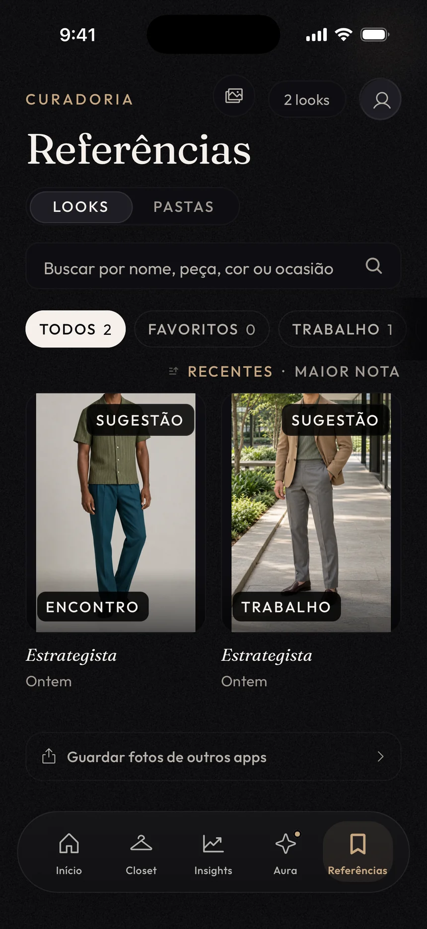Tela Referências, com looks salvos por ocasião