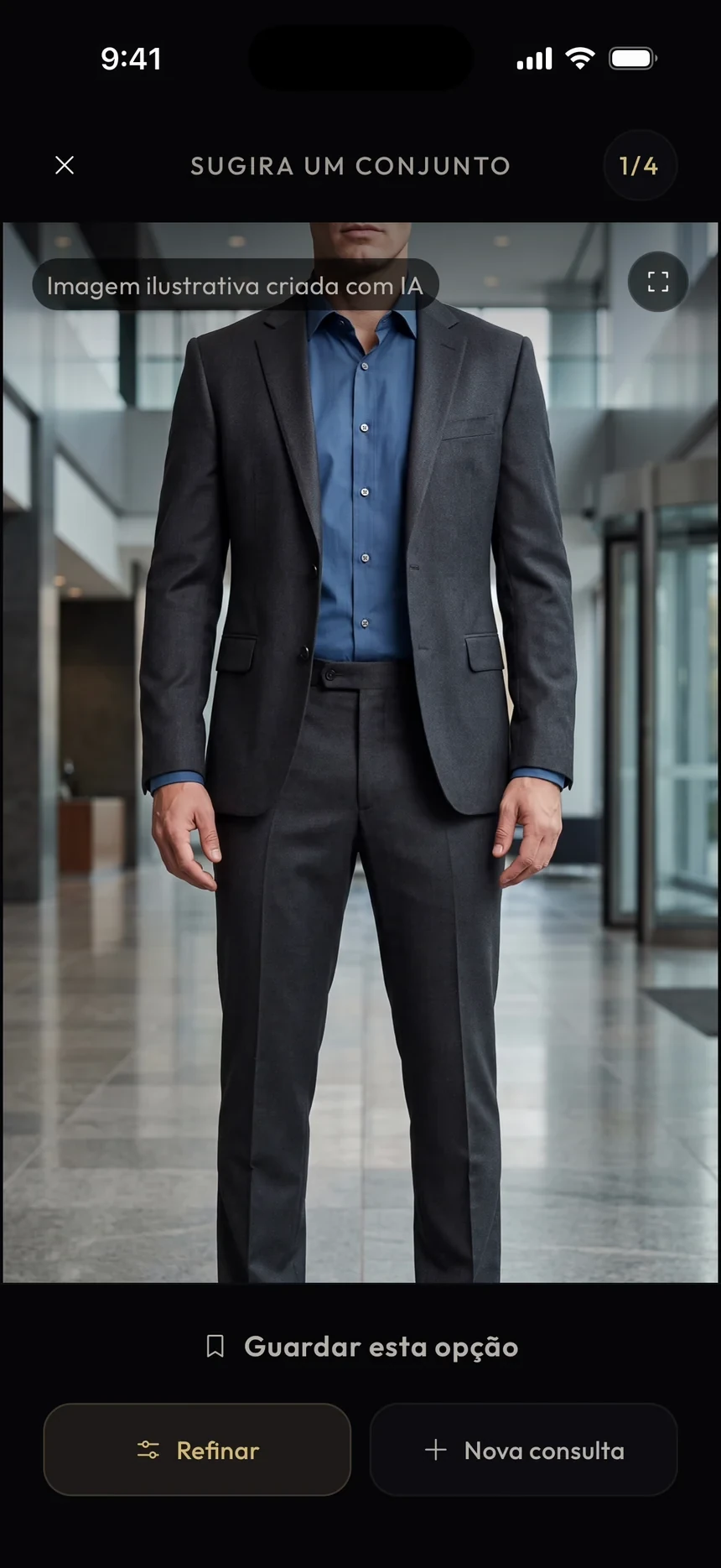 Tela Sugira: conjunto com terno cinza e camisa azul, opções de guardar e refinar