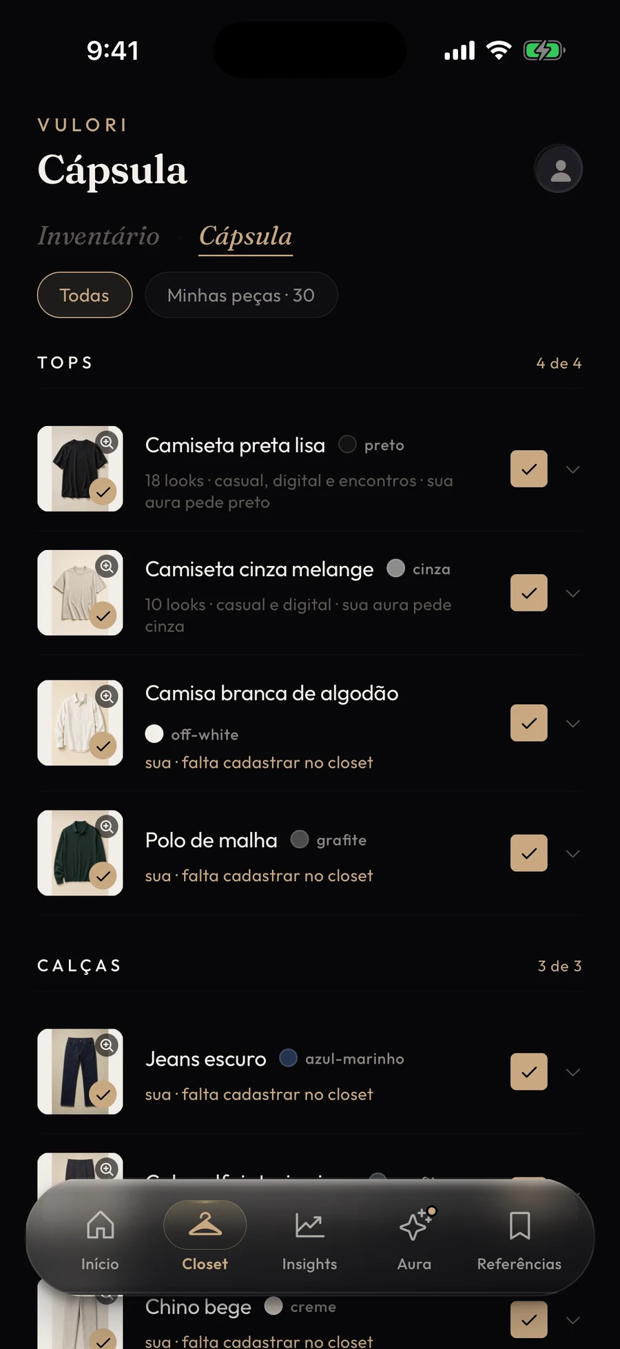 Tela do closet, com o inventário de peças cadastradas